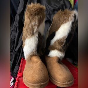 Faux Fur Brown, White and Black Boots. Lace up back. Faux Suede